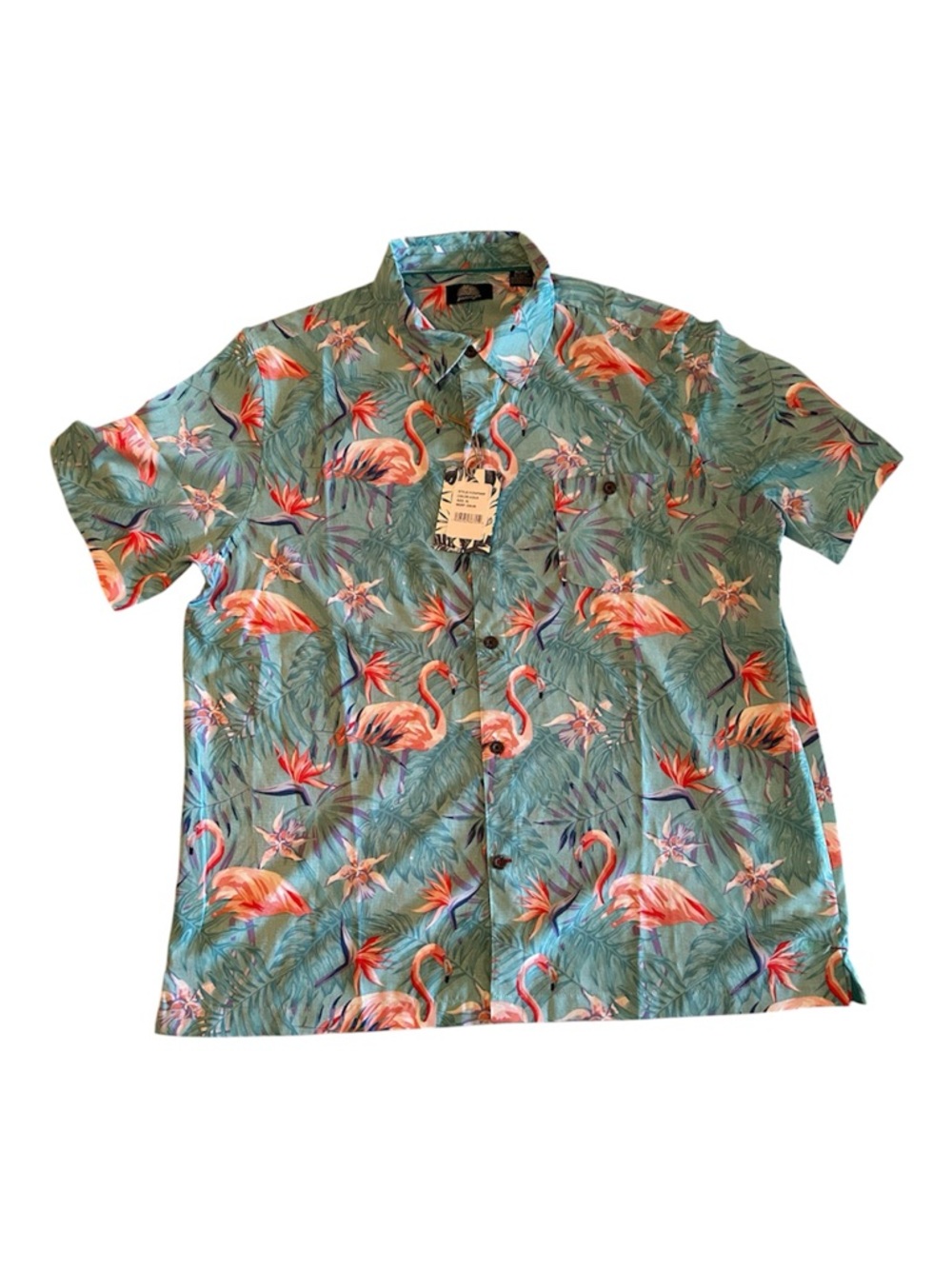 Casual Short-Sleeve Tropical Flamingo Button-Down Shirt - Aqua Pink